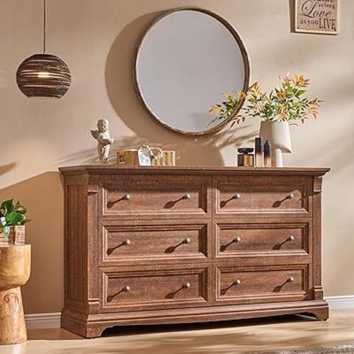 T4TREAM Farmhouse 6 Drawers Dresser for Bedroom, 54" Wide Large Dressers & Chests of Drawers w/Roman Column, Wooden Dresser TV Stand with Large Drawers for Bedroom Living Room Hallway