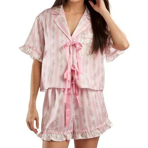 Yiulangde Women Cute Bow Tie Front Pajamas Y2k Printed Pjs 2 Piece Outfits Short Sleeve Pj Shirt and Lounge Boxer Shorts Sets