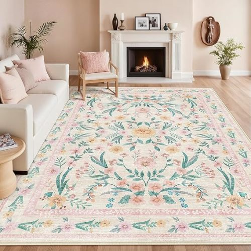 Pink Floral Round Rug 6ft, Washable Boho Circle Area Rug for Girls Bedroom or Living Room, Soft Non-Slip Botanical Carpet for Nursery or Kids Room, French Flower Design Home Décor Rug