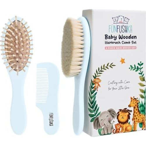 Baby Hair Brush Set for Newborns - Baby Brush and Comb Set - Ultra Soft Goat Hair Bristles, Perfect for Cradle Cap, Newborn Showers & Registries Gift, Comb Brush for Girls & Boys (Sky)