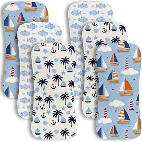 6 Pack Baby Burp Cloths for Boys Girls,Large Cotton Burp Rags with Blue Sailboat Navigation Pattern for Newborns Gifts Nursery Decor Extra Soft and Absorbent