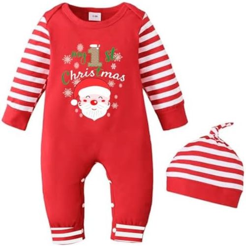 My First Christmas Rompers for Baby Boys Girls, Newborn Infant Deer Tree One-piece Outfits Clothes with Hat