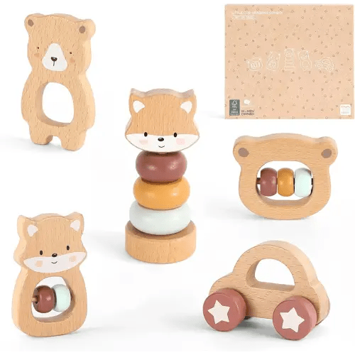 Freniland Wooden Montessori Toys, 5-Piece Wooden Baby Toys, Bear Wooden Baby Rattle, Fox Stacking Ring,Wooden Car Push and Pull Toys, Bear Grasping Toys,Newborn Baby Gift Sets for Boys and Girls