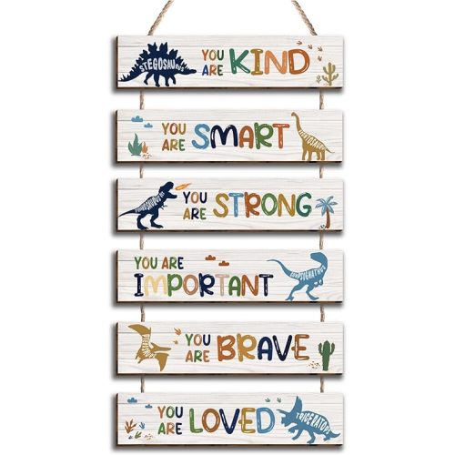 6 Pcs Dinosaur Decor Girls Room Decor Plaque Sign, Inspirational Watercolor Dinosaur Positive Quotes Wall Art Decor for Teens Bedroom Princess Toddler Room, Works of Art Made of Wood, Placards of Wood