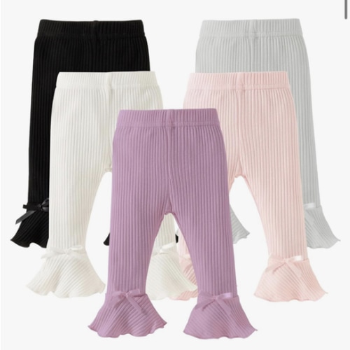 DREAM BUS 5 Pack Baby Pants Toddler Girl Ribbed Ruffle Bell Bottoms Toddler Leggings Baby Boy Pants Newborn Girl Flare Pants