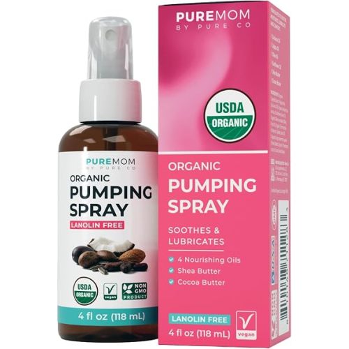 Skin-Safe Organic Pumping Spray - Lanolin-Free Pump Spray Breastfeeding with Soothing Shea Butter and Olive Oil - Helps Reduce Friction and Soothe Sore Nipples & Clogged Ducts - Vegan & Non-GMO (4oz)