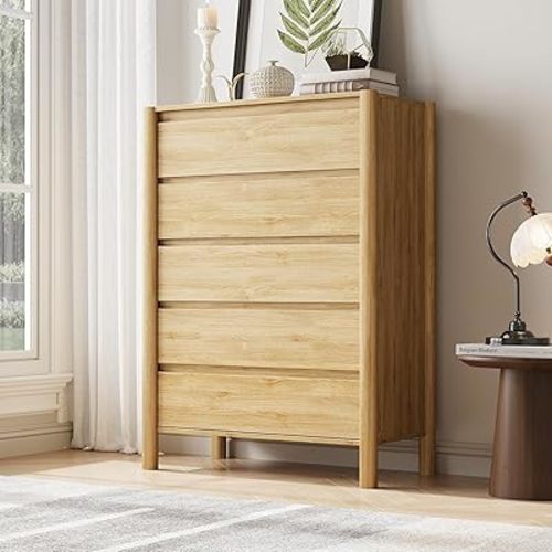 CHUWELL 5 Drawer Oak Dresser for Bedroom，45" Tall Mid Century Chest of Drawers with 5 Large Storage Space and 4 Solid Wood Cylindrical Legs, Large Dresser for Bedroom
