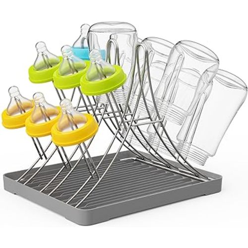 Baby Bottle Drying Rack, Space Saving Bottle Drying Tree Rack with Drainboard for Cups, Mugs and Glass, Sports Bottle, Holds Up to 15 Baby Bottles ，Foldable,Stainless Steel,