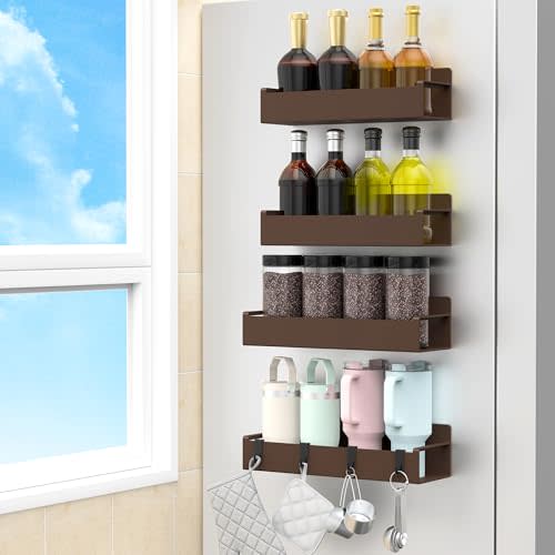 HuggieGems 4 Pack Magnetic Spice Rack Organizer for Refrigerator and Oven, Brown Fridge Organizers and Storage for Kitchen