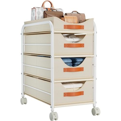 DIMJ Clothes Drawer 4 Tier - Fabric Closet Drawer System Rolling, Portable Closet Drawers for Clothes with Wheels, Small Closet Organizer & Replacement Drawers for Bedrooms, Office, Nursery, Grey