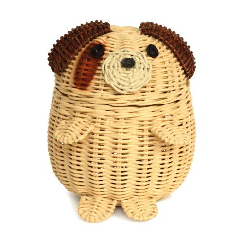 Dog Rattan Storage Basket with Lid Decorative Home Decor Hand Woven Shelf Organizer Cute Handmade Handcrafted Gift Artwork