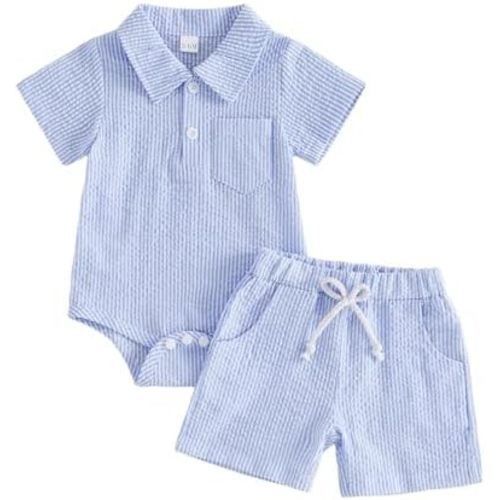 Newborn Baby Boy Summer Short Sleeve Collared Romper Elastic Waist Shorts Seersucker Striped Outfit 2 Piece Clothes