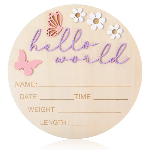 Hello World Newborn Sign, 5.9 Inch Wooden Baby Announcement Sign Pink Butterfly Style Birth Welcome Board for Newborn Boys Girls Photo Props Baby Shower Hospital Nursery (Purple)