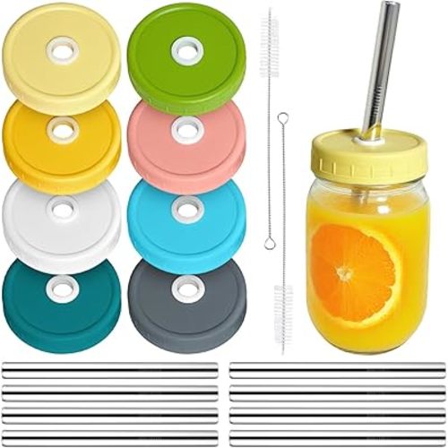 LonXFan 8 Pack Mason Jar Lids Reusable Regular Mouth Mason Jar Drinking Lids with Stainless Steel Straws & Brush For Regular Mouth Mason Ball Jar, Canning Jars – Dishwasher Safe