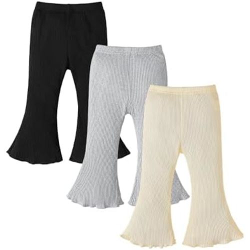 3 Pack Baby Girl Pants: Infant Solid Ribbed Flare Pants Cotton Pull On Bottoms Leggings for Toddler 0-24 Months