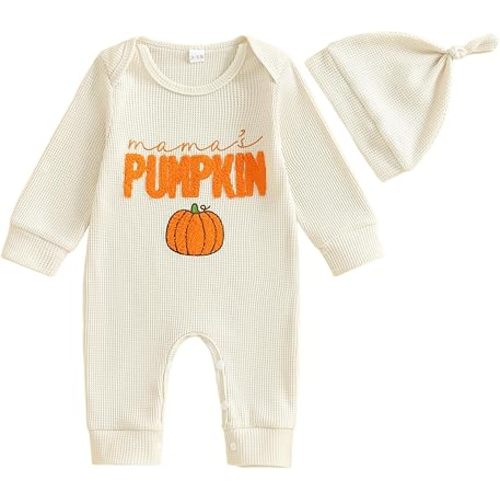 FIOMVA Halloween Baby Clothes Outfits Newborn Infant Boy Pumpkin Boo Onesie Waffle Knit Romper Jumpsuit with Hat Fall Winter