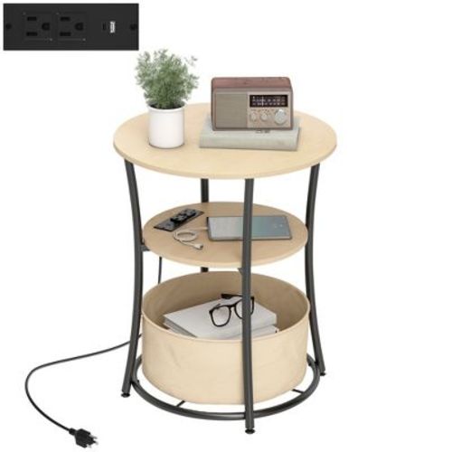 HOMCOM Side Table with Charging Station, 3-Tier Round End Table with Fabric Storage Bag, Shelf and Steel Frame for Living Room, Natural Wood