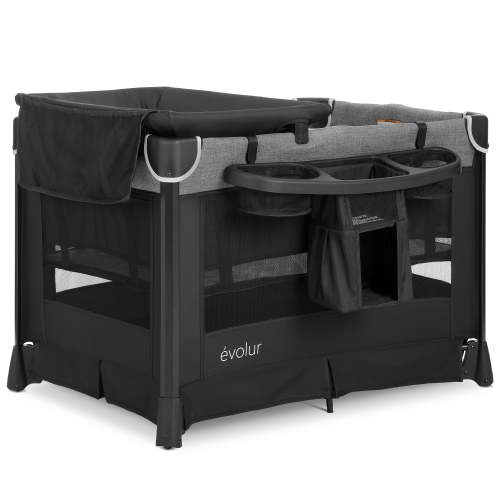 Evolur Cozy Cove All-in-One Portable Playard Black with Bassinet & Changing Table Quick-Fold Travel Playard with Breathable Mesh Sides, Travel Bag Included