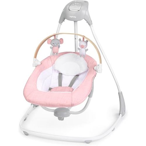 Ingenuity SimpleComfort Compact Soothing Baby Swing, Rotating Toy Bar, Rotating Seat, 6 Speeds, for Ages 0-9 Months, Up to 20 Pounds - Chambray