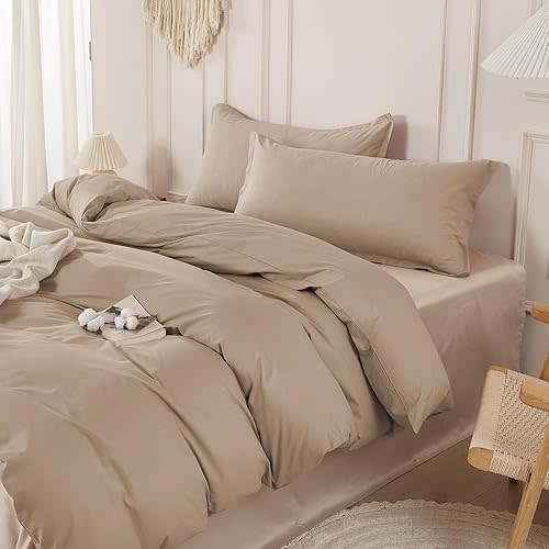 SAPHREAS 100% Washed Cotton Duvet Cover King Size Set, Linen Like Comforter Cover with Zipper Closure & Corner Ties (No Comforter), 104x90 Khaki