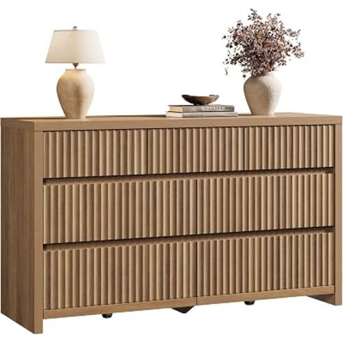 SICOTAS Fluted Dresser for Bedroom with 7 Drawers, 55.2" Extra-Wide Chest of Drawers Modern Wooden Dressers TV Stand with Thick Board, Long Horizontal Dresser for Nursery and Living Room, Caramel Oak