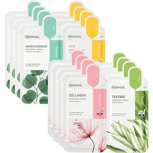 Mediheal Sheet Mask New Essential HERO 16 pack (Collagen, Tea Tree, Madecassoside, Vita) | Korean Skincare Facial Sheet Mask Combo Kbeauty Korean Glass Skin