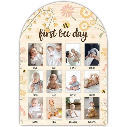 First Bee Day My First Year Photo Board Frame, 12 Monthly Baby Milestone Wooden Sign, Gender Neutral Nursery Decor for Girl Boy, Baby Keepsake Gifts for 1st Bee Birthday Decorations-A18