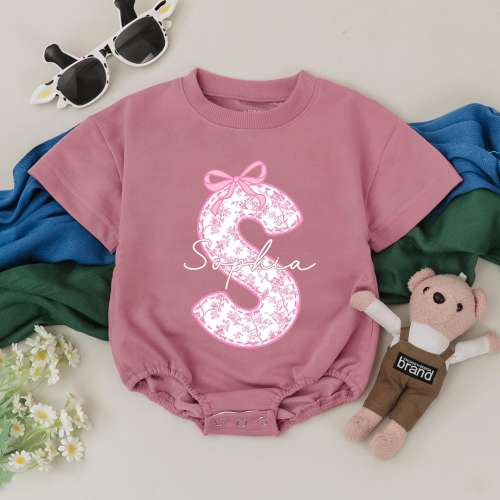 Personalized Name Bubble Romper, Pink Bow Chinoiserie Floral Bodysuit, Christmas Outfit, Custom Birthday Girl Clothes, Baby Shower Gift