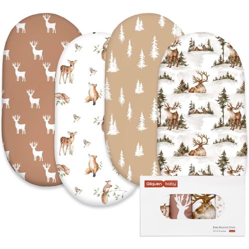 Gllquen Baby Bassinet Sheets 4 Pack, Breathable Cozy Fitted Mattress Sheet, Elastic Travel Crib Fashionable Floral Pattern, Standard Cradle Safe Sheets for Baby Boys Girls 32"x16" (Christmas elk)