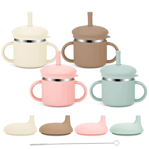 Upgrade Stainless Steel Baby Sippy Cups, 7.4 Oz Spill Proof Toddler Straw Cups, 3 Stages Training Cup for Toddlers 1-3 Year, Kid Cups with Silicone Sheel and Straws, 4 Colors (Pink+Green+Beige+Brown)