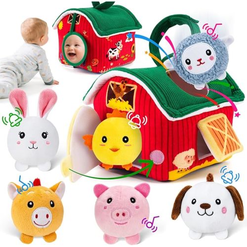 Baby Toys 6-12 Months, Barn Toy with Stuffed Farm Animals - Rattle, Crinkle Paper, Montessori Toys for 1 Year Old, Sensory Toy for Toddlers 1-3 Birthday