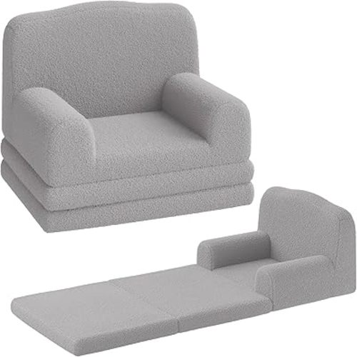 GarveeHome Kids Couch, 2-in-1 Comfy Toddler Couch Fold Out, Convertible Sofa to Lounger Foam Kids Chair with Soft Sherpa, Gift for Girls and Boys (Gray Crown)