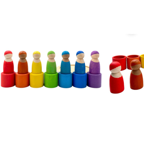 7 Different Skin Stones Stained Rainbow Wooden Peg Dolls In Bowls