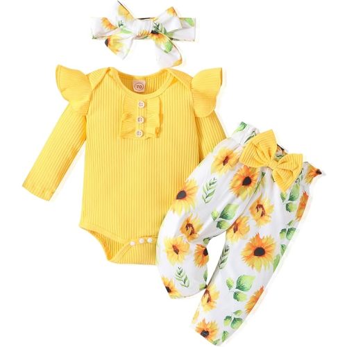 GDTOGRT Baby Girl Clothes Newborn Infant Outfits Ruffle Romper+ Floral Pants + Cute Headband Sets for Girls
