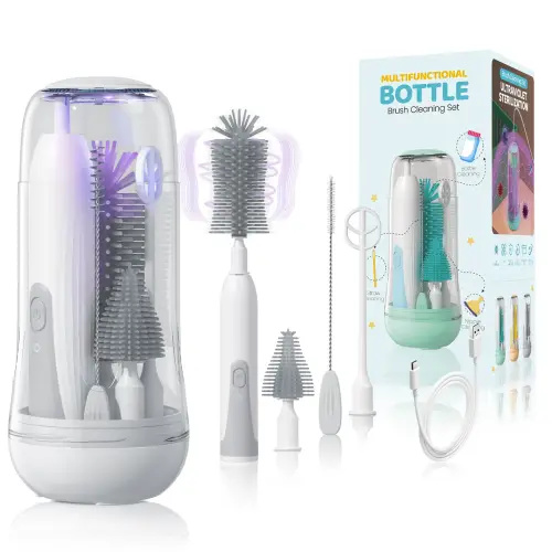 Electric Travel Baby Bottle Brush Set with Storage Box, Automatic Bottle Cleaner Brush Kit with Silicone Bottle/Nipple/Straw Brush, Milk Frother Electric and Drainage Rack, Rechargeable, Gray,back to school，back to school,sohochic - TikTok Shop