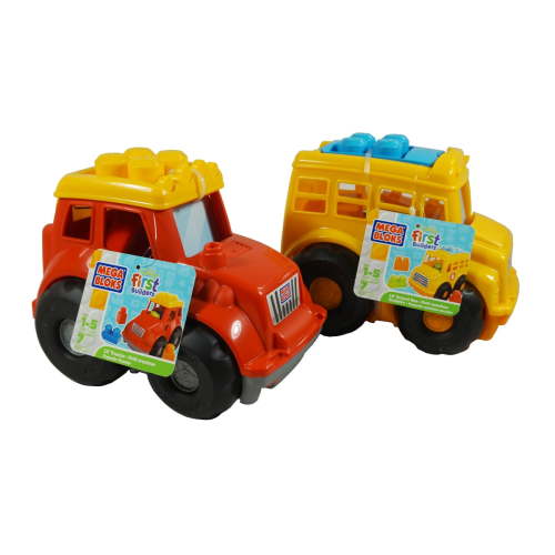 Mega Bloks SET OF 2 First Builder Vehicles - Includes Lil Tractor & Lil School Bus