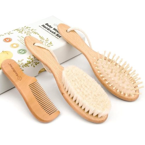 Baby Hair Brush and Comb Set for Newborn - Wooden Baby Hair Brush Set with Soft Goat Bristle, Baby Brush Set for Newborns, Baby Brush and Comb Set Girl,Toddler Cradle Cap Brush (Oval, Walnut)