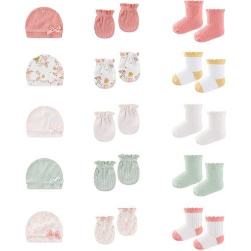 15 Pack Infant Hats Gloves Socks Unisex Baby Boy Girl Accessories Set Cotton New Born Caps Mittens