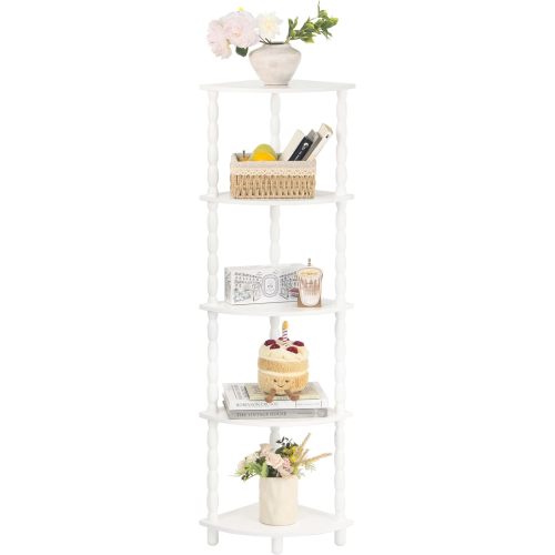 MaxSmeo Corner Bookshelf, 5-Tier Corner Shelf Stand, Modern Corner Plant Shelves with Storage, for Bedroom, Bathroom, Kitchen, Living Room (Rustic Walnut)