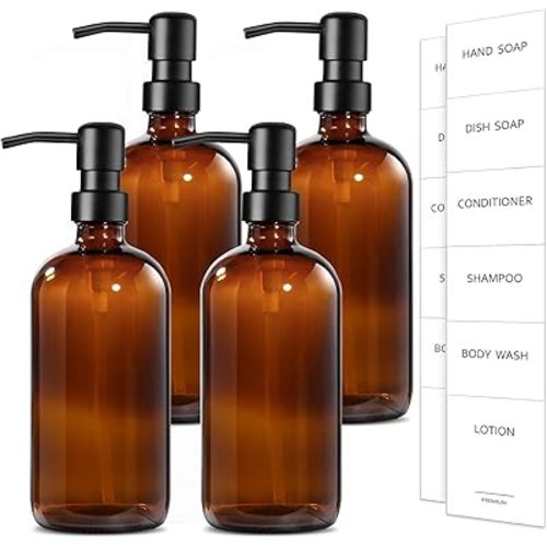 GMISUN Amber Glass Soap Dispenser, 4 Pack Bathroom Hand Soap Dispensers with Stainless Steel Pump, 17 Fl Oz Kitchen Hand and Dish Soap Dispenser Set, Modern Vintage Liquid Brown Soap Dispensers Bottle