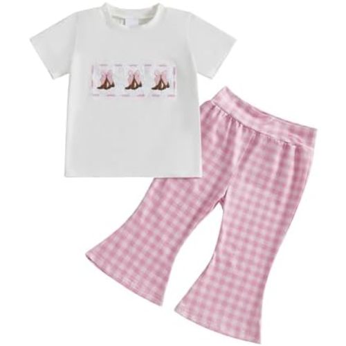 Toddler Baby Girl Western Outfits Embroidery Cow Short Sleeve Shirts and Gingham Pants Set 2Pcs Summer Fall Clothes