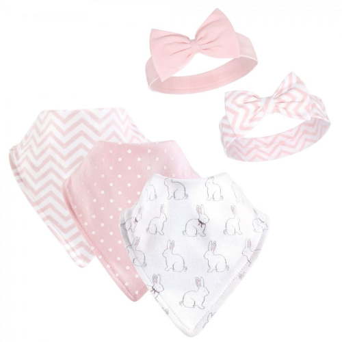 Hudson Baby Infant Girl Cotton Bib and Headband Set 5pk, White Bunny