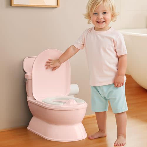 CheerTry 2-in-1 Toddler Potty Training Toilet - Larger Potty Chair & Detachable Training Seat for Boys & Girls Ages 1-3 with Flushing Sound, Wipes Storage, Toilet Paper Holder