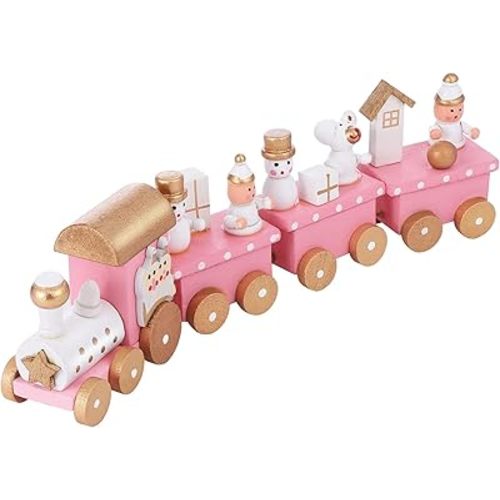 STOBOK Wooden Christmas Train Toy Mini Wooden Train Pink Train Toy with Snowman Christmas Train Ornament Xmas Table Adornment 4 Section Christmas Train Set Train Model for Kids
