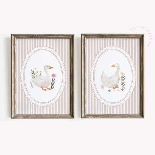 Luvia Pink Goose Nursery | 2 Set Vintage Nursery Prints | Duck | Soft Pastel Pink Set | Girls Room Decor |Set051, Modern Wall Decor Set 2 Prints 8x12 UNFRAMED