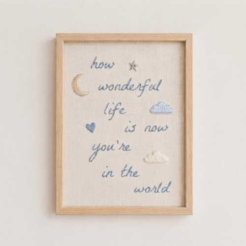 Hand-Embroidered How Wonderful Life Is Frame, Cottagecore Nursery Wall Art Sign, Boys Room Decor, Boyish Embroidery Frame