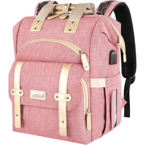 Jiefeike Diaper Bag Backpack, Pink Baby Girls Diaper Bag for Mom, Travel Baby Bags Backpack for Women, Insulated Pockets Portable toddler diaper bag with USB Charging Port, RFID Anti-Theft Pocket