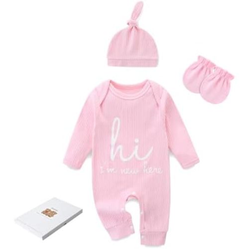 Newborn Girls and Boys Romper, Hi I’m New Here Long Sleeve Cotton Baby Clothes, Coming Home Outfit with Gift Box