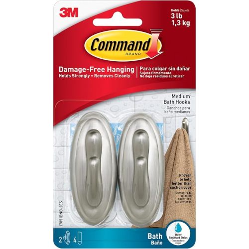 Command Traditional Plastic Bath Hooks Value Pack, Medium, Brushed Nickel, 2-Hooks (17051BNB-2ES), Organize Damage-Free