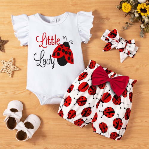 PatPat 3pcs Baby Girl Ladybug Long Sleeve Romper and Bowknot Trousers Set,Fall Clothes Newborn Outfit,0-18 Month